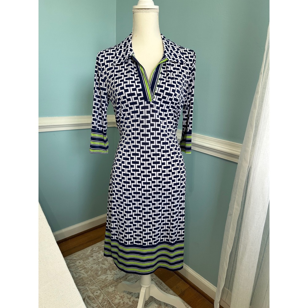 Mlle Gabrielle Navy White Geometric Greek Key Wrap Dress Lime Green Trim Large
